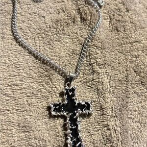 Elegant Silver and Black Cross Necklace. 22” New